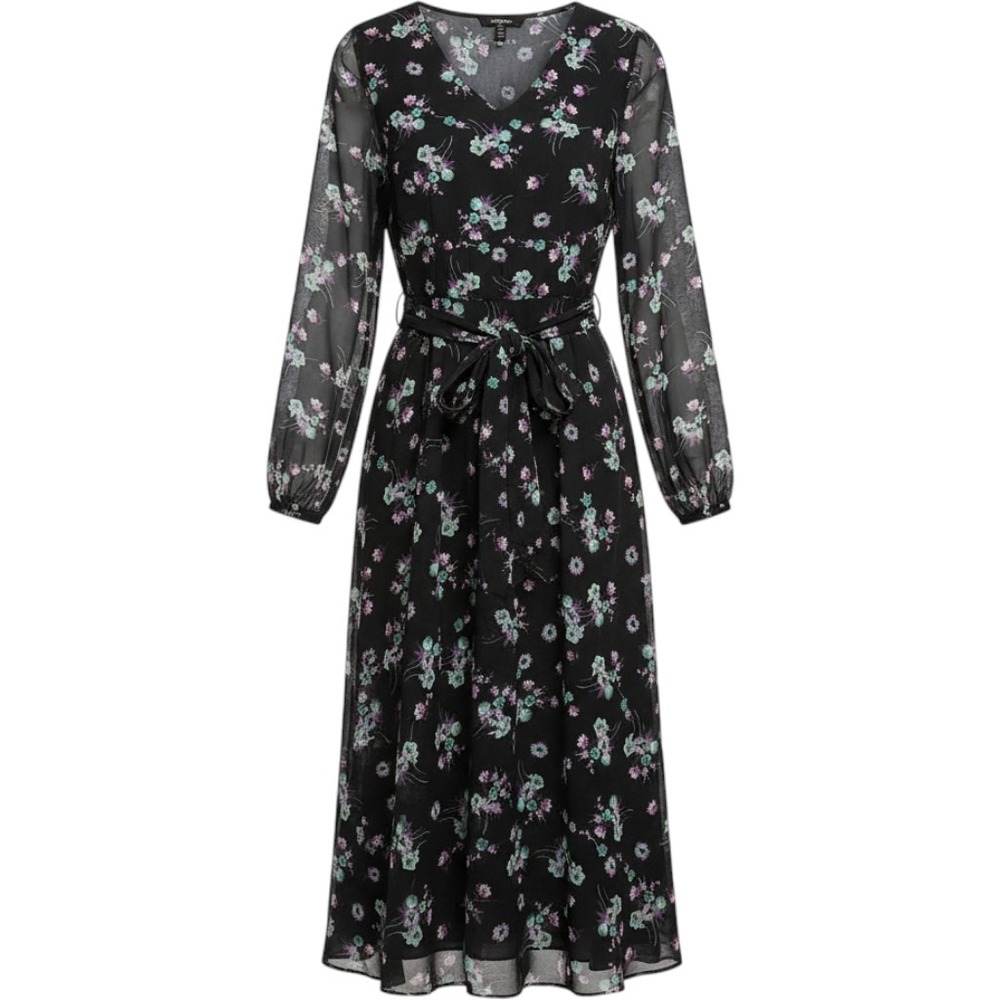 Black Label by Evan-Picone Floral V-Neck Midi Dress Black Purple Green Size 16